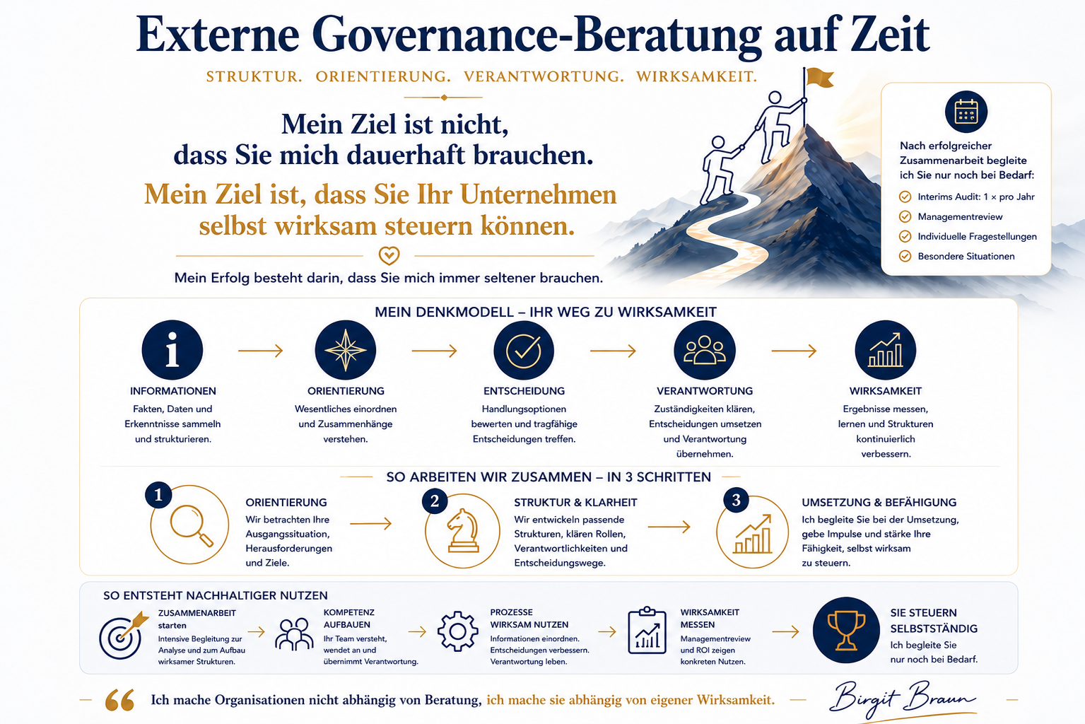 Infografik zur Externen Governance-Beratung auf Zeit von Birgit Braun mit dem Denkmodell Information – Orientierung – Entscheidung – Verantwortung – Wirksamkeit sowie dem 3-Schritte-Beratungsansatz.